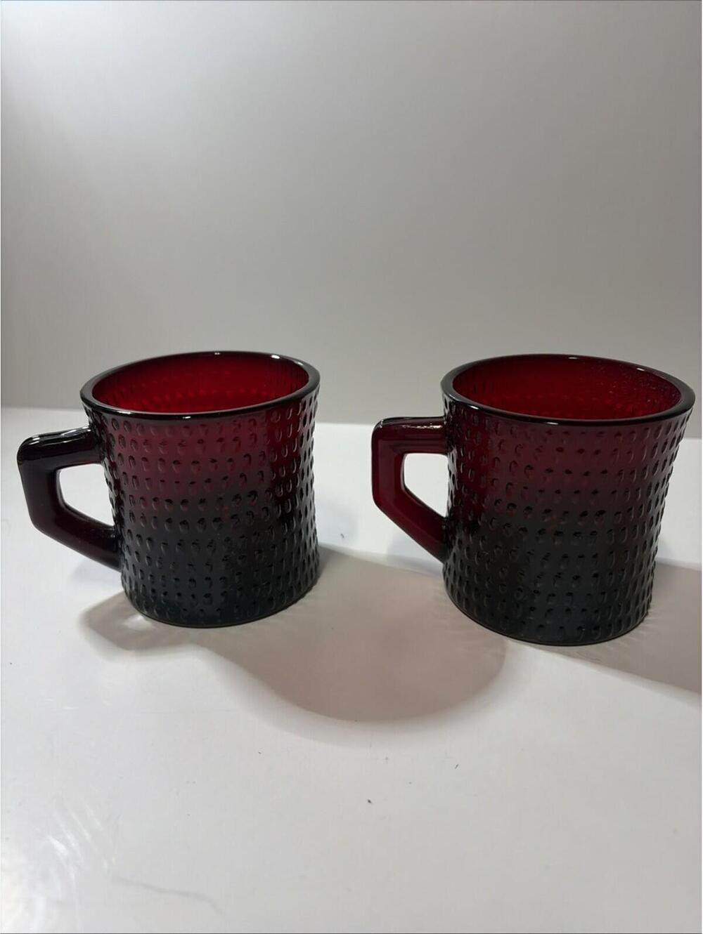 Vintage Anchor Hocking Ruby Red Glass Coffee Cups Mugs Pair (2)
